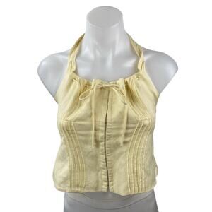 ASTR The Label Yellow Halter Pintucked Smocked Tie Sleeveless Crop Top Size S